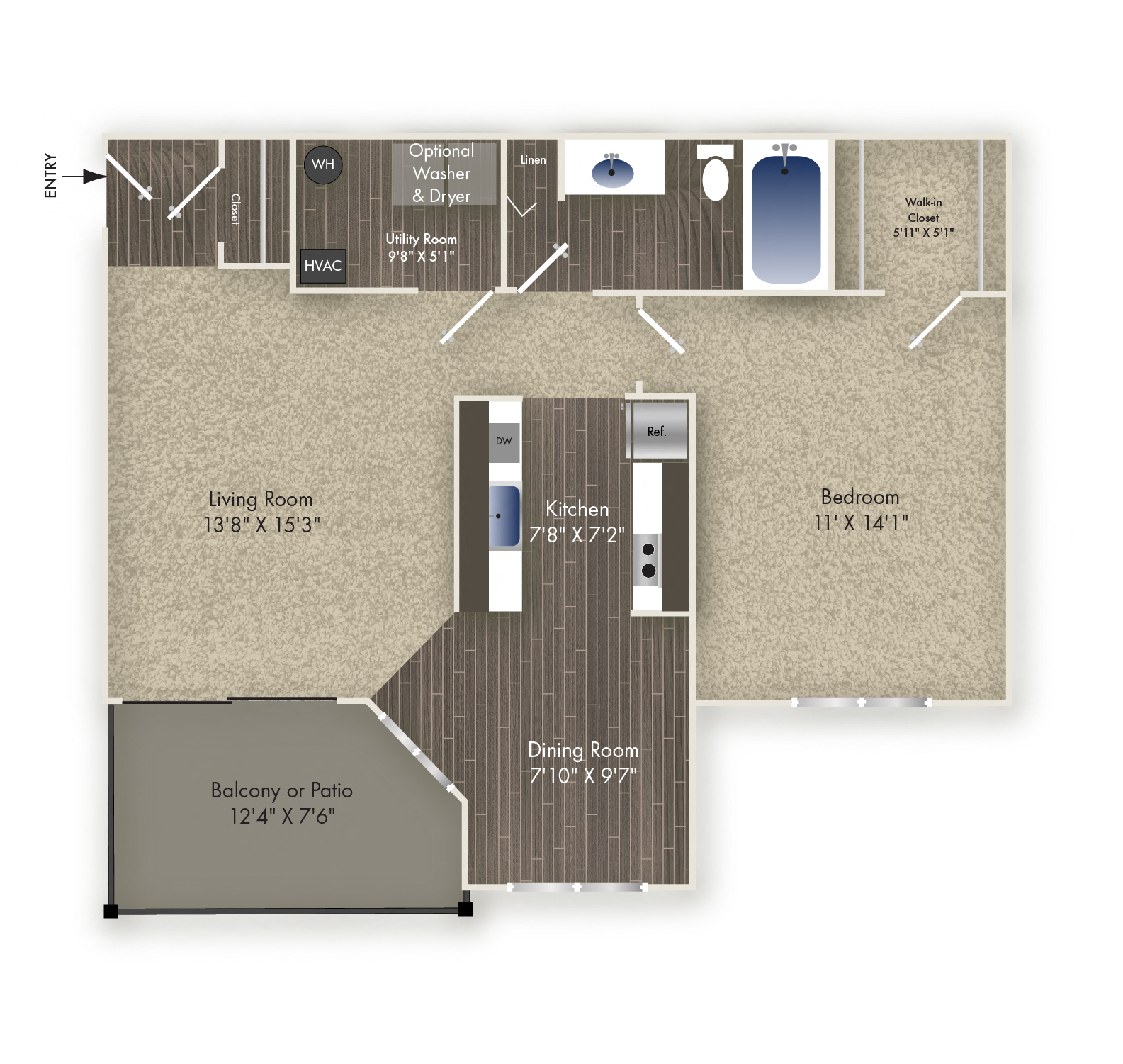 Floor plan for 1 bed, 1 bath, 742 sqft