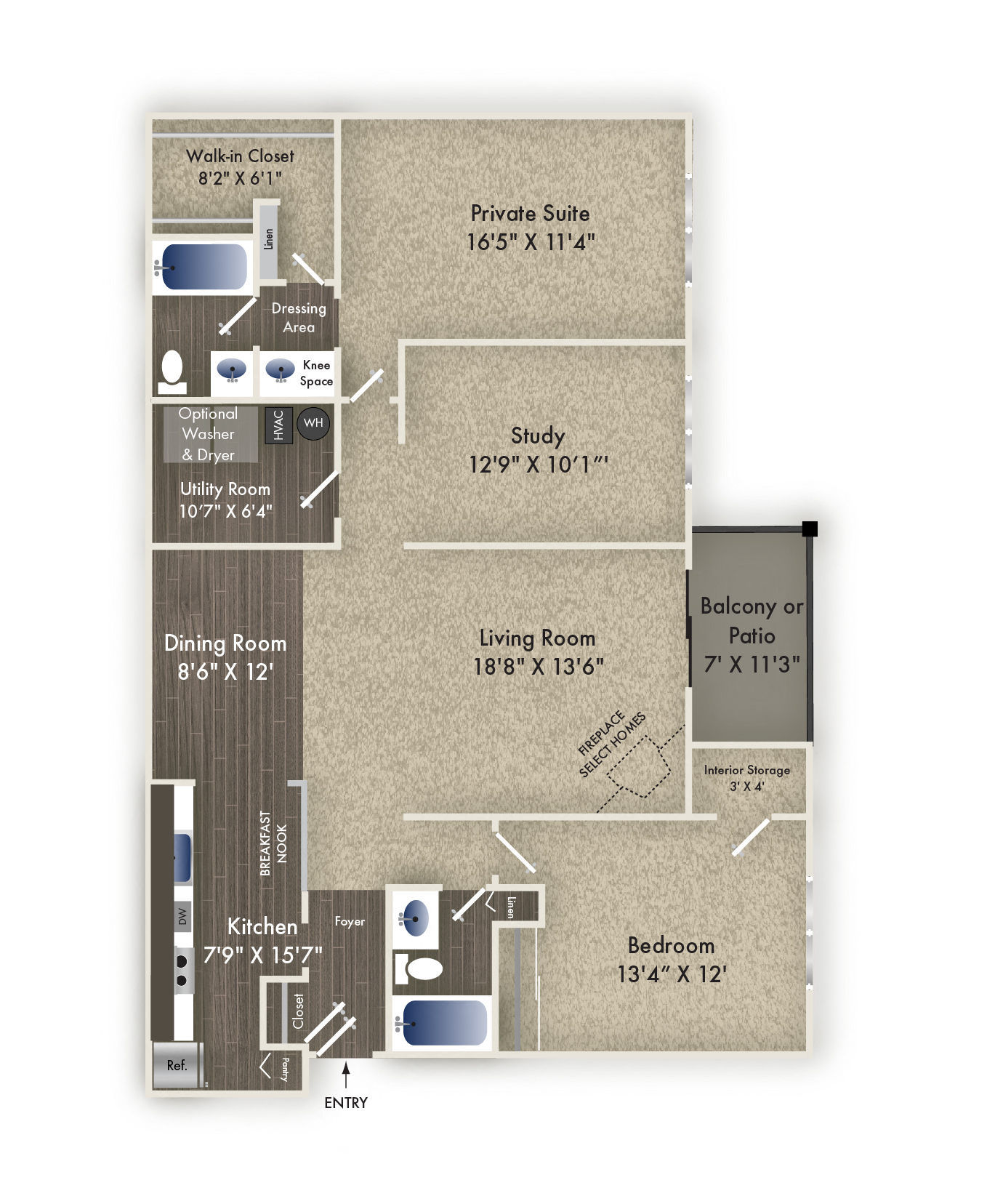 Floor plan for 2 beds, 2 baths, 1475 sqft