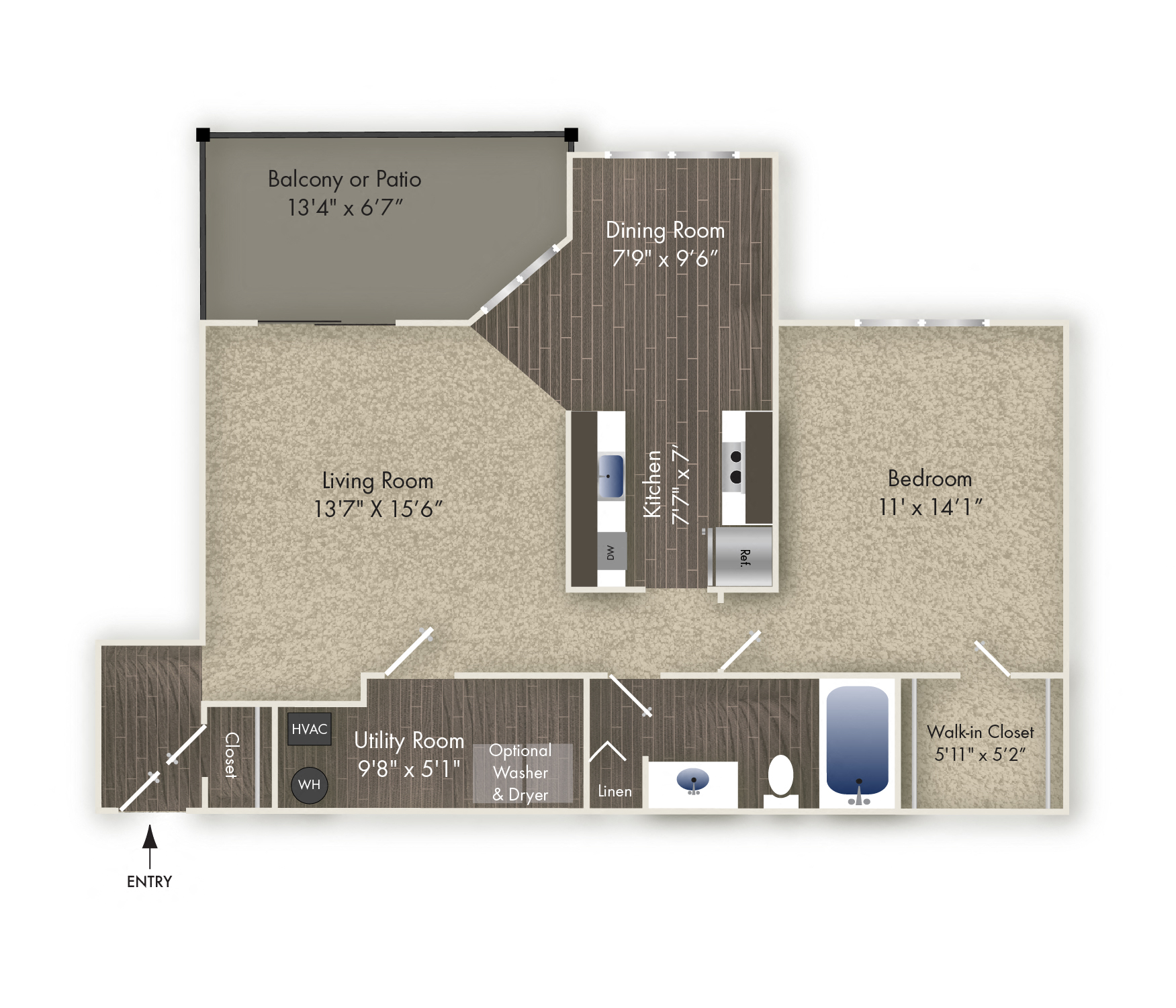 Floor plan for 1 bed, 1 bath, 793 sqft