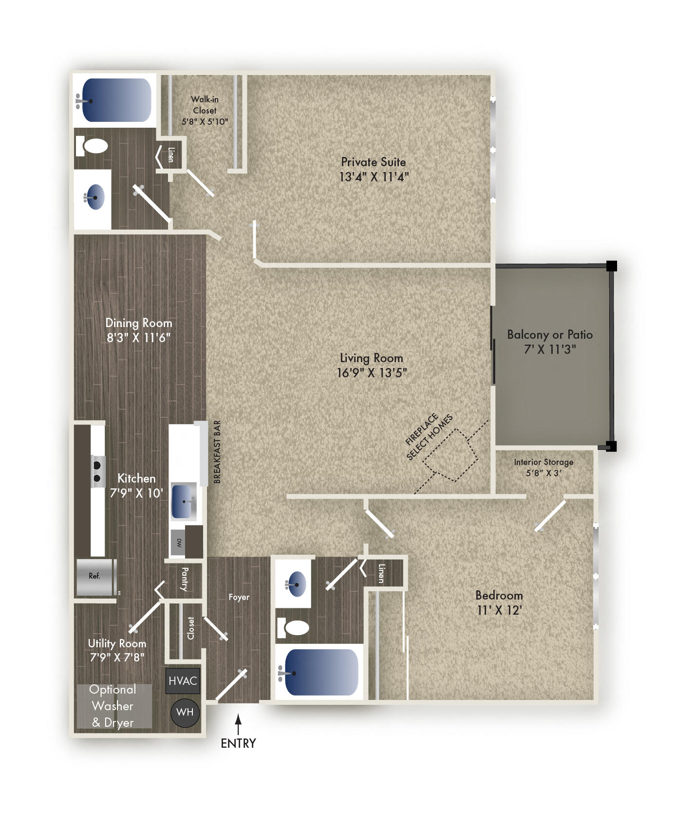 Floor plan for 2 beds, 2 baths, 1092 sqft