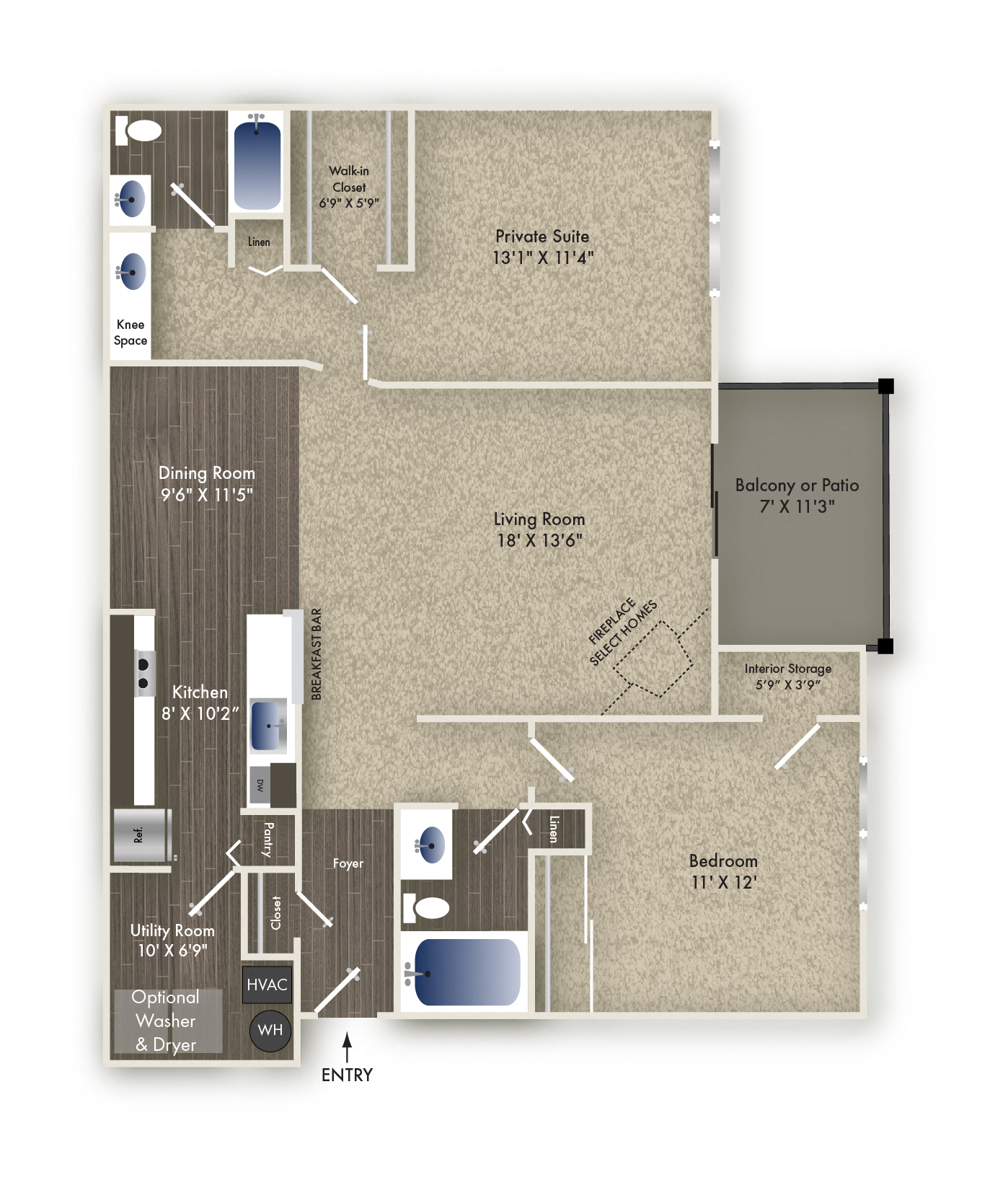 Floor plan for 2 beds, 2 baths, 1187 sqft