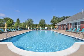 Louisville apartment for rent - A large outdoor swimming pool with blue water and lounge chairs around it.