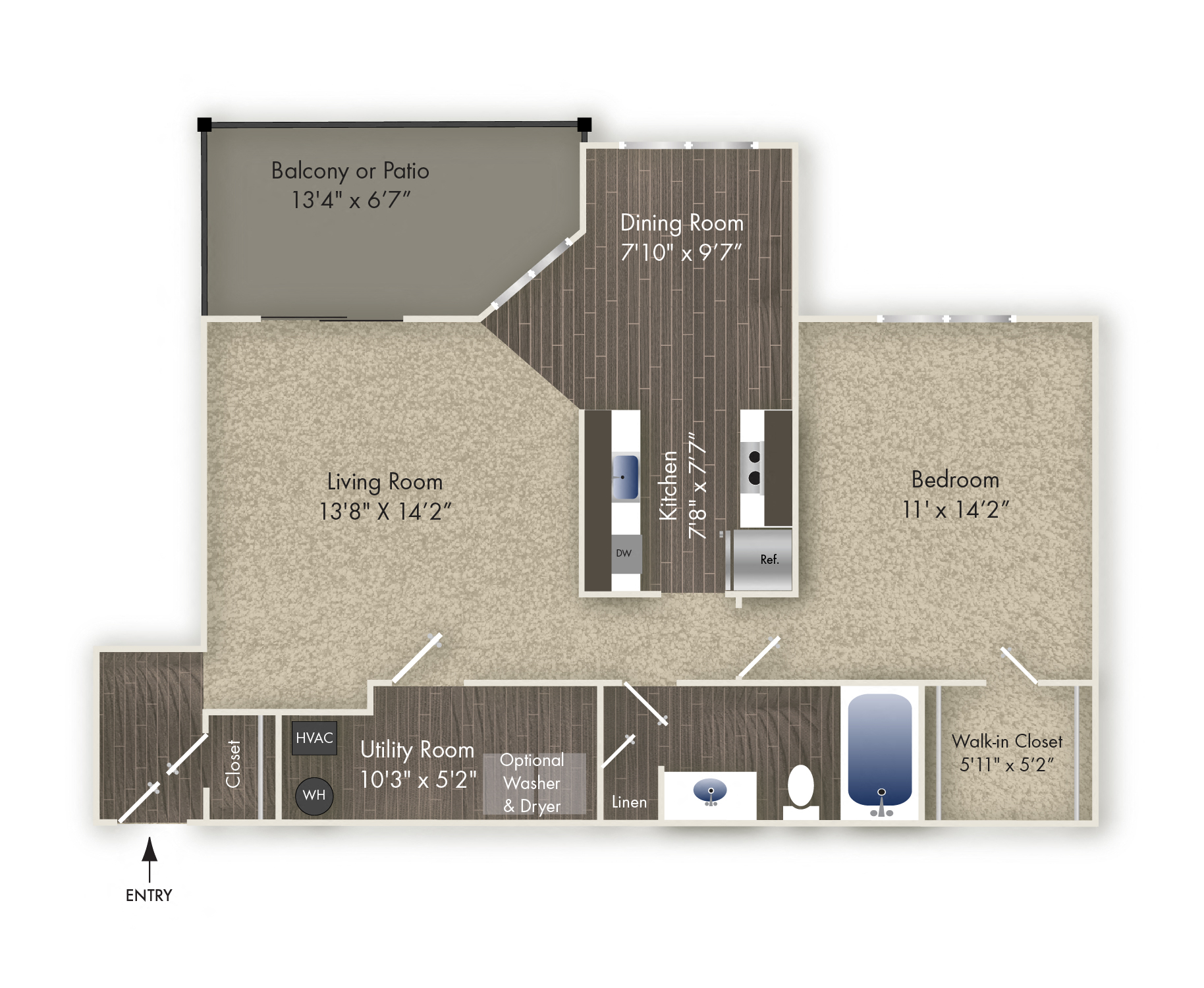 Floor plan for 1 bed, 1 bath, 745 sqft