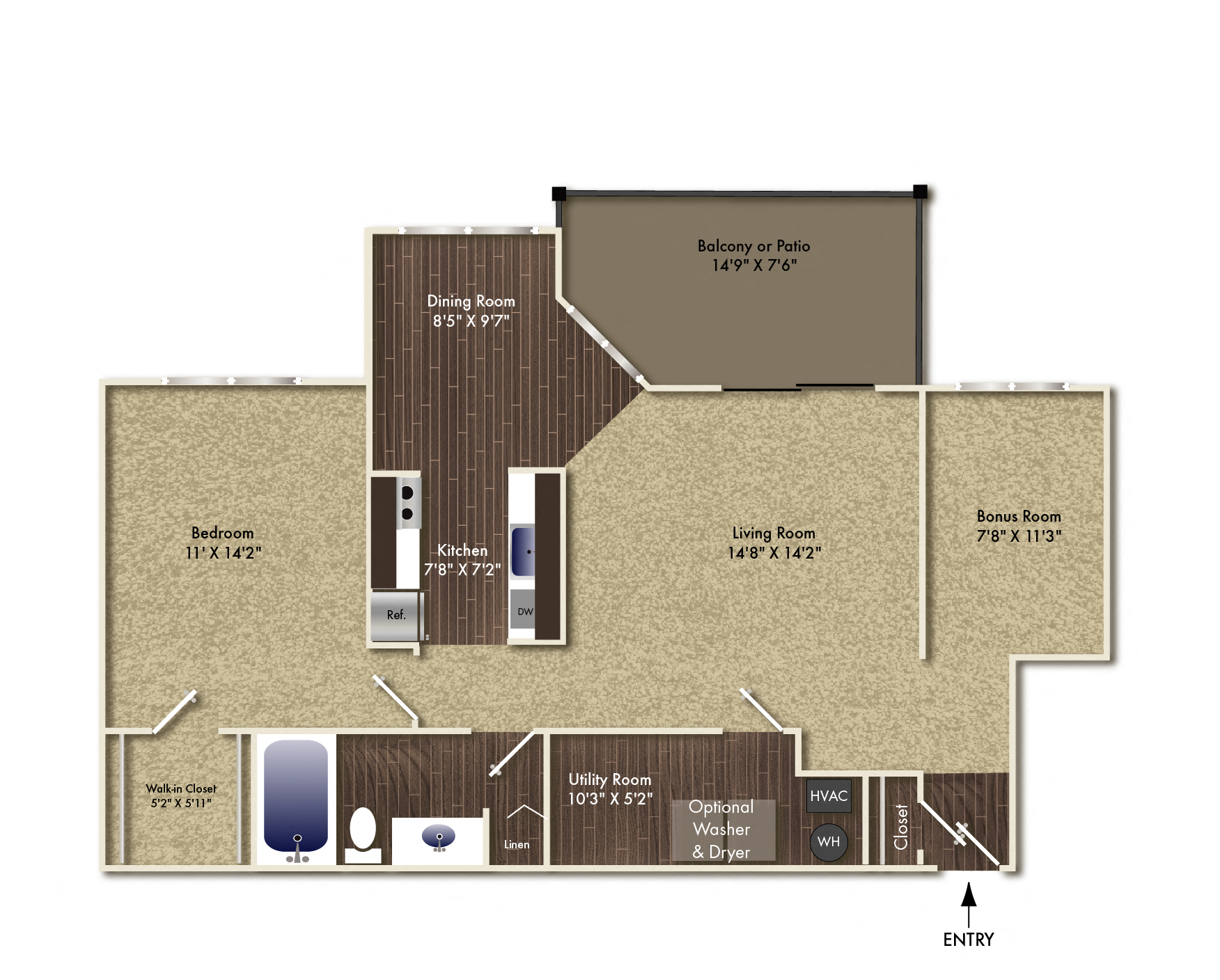 Floor plan for 1 bed, 1 bath, 890 sqft