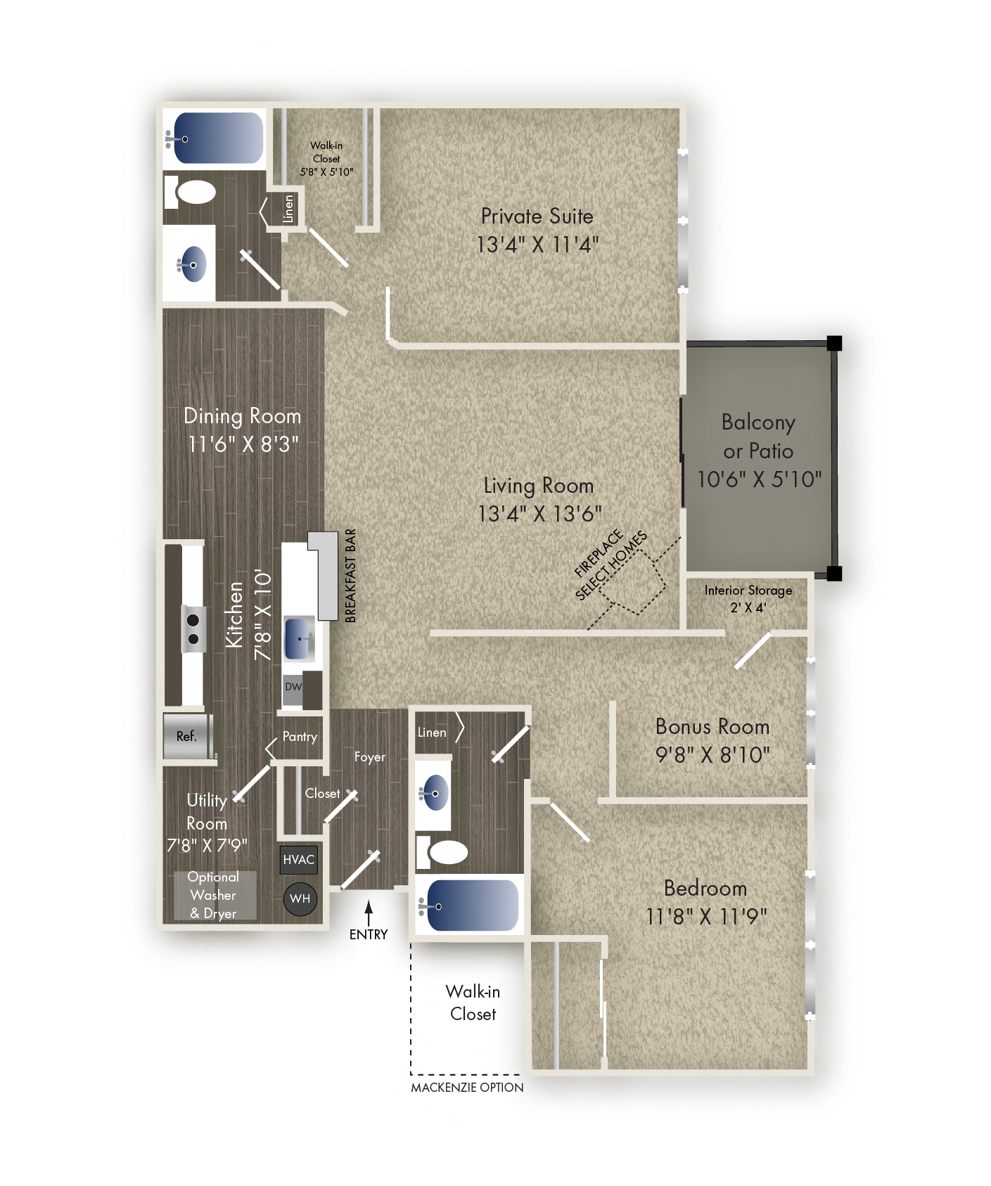 Floor plan for 2 beds, 2 baths, 1219 sqft