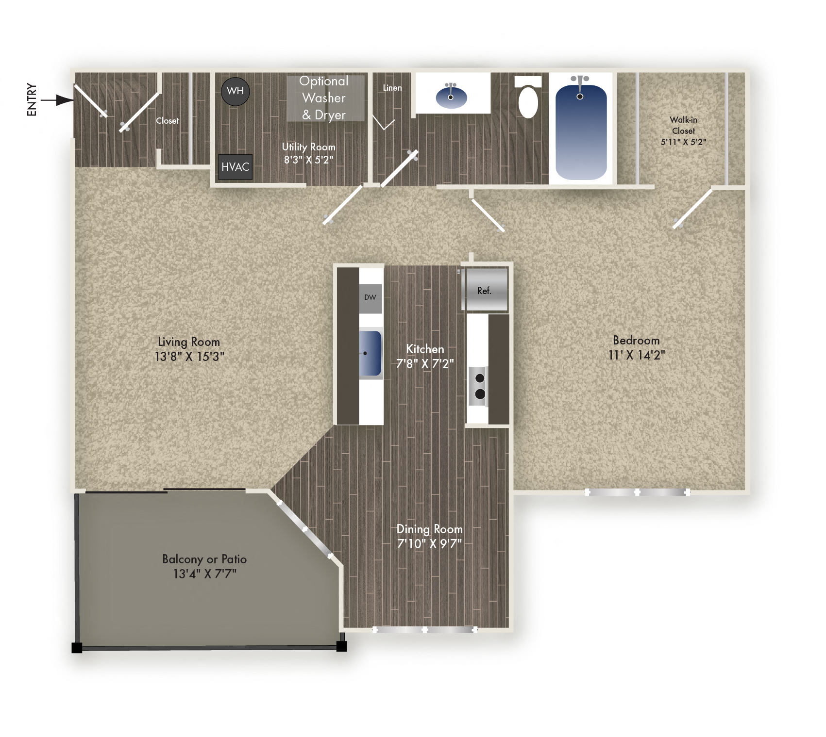 Floor plan for 1 bed, 1 bath, 722 sqft
