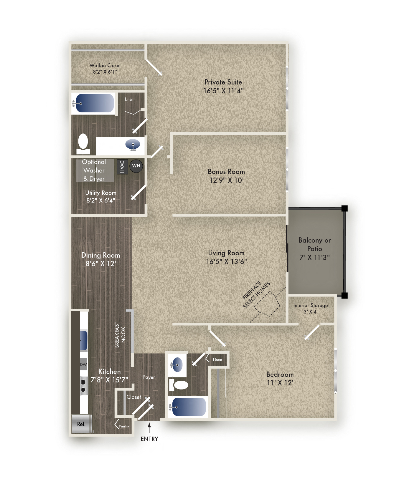 Floor plan for 2 beds, 2 baths, 1358 sqft