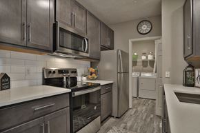Loveland apartment for rent - an open kitchen with stainless steel appliances and a refrigerator