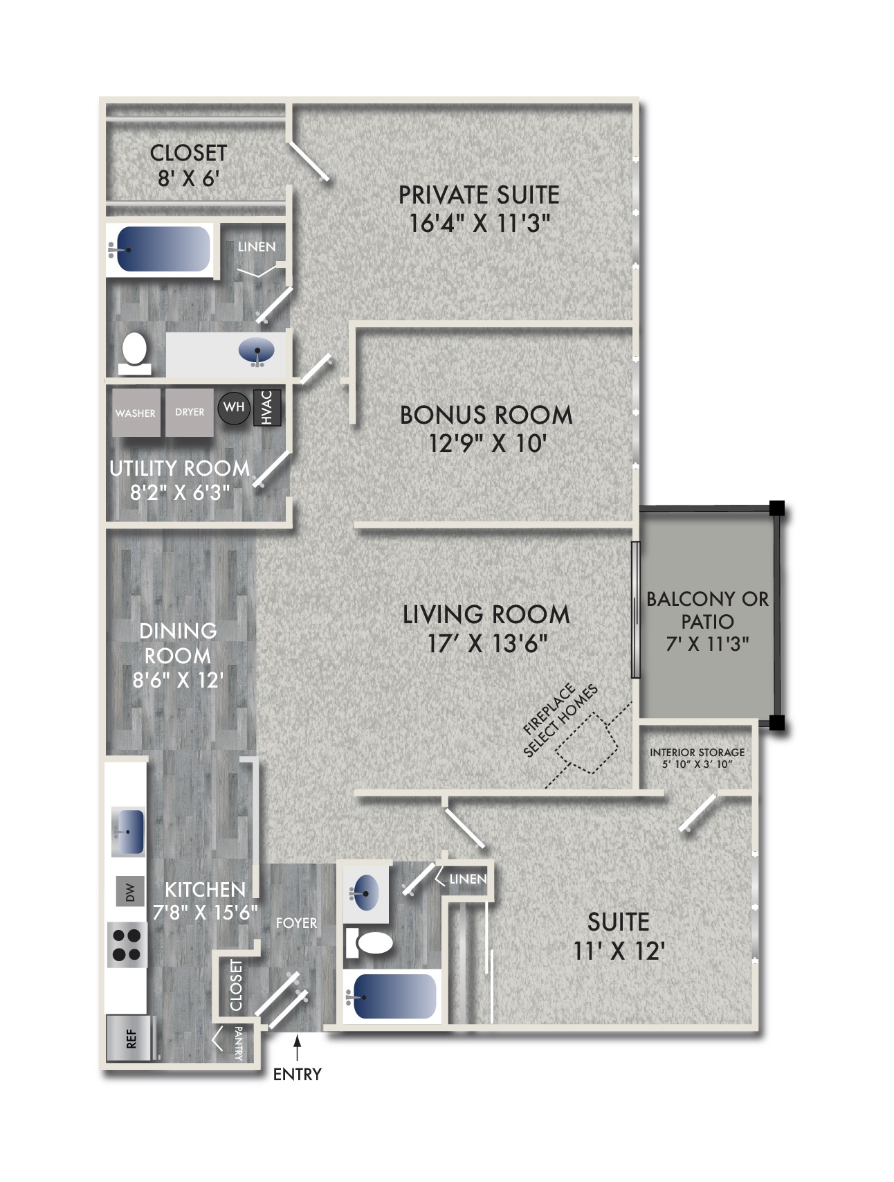 Floor plan for 2 beds, 2 baths, 1360 sqft