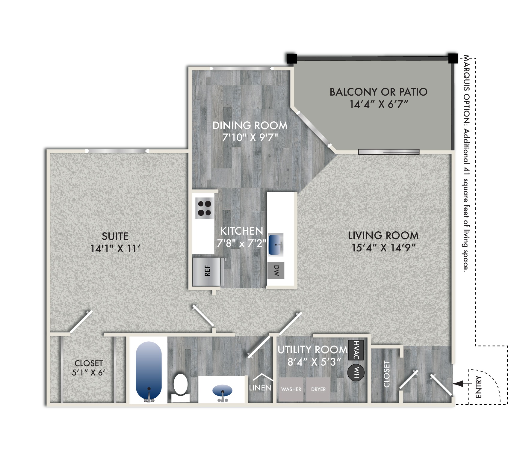 Floor plan for 1 bed, 1 bath, 793 sqft