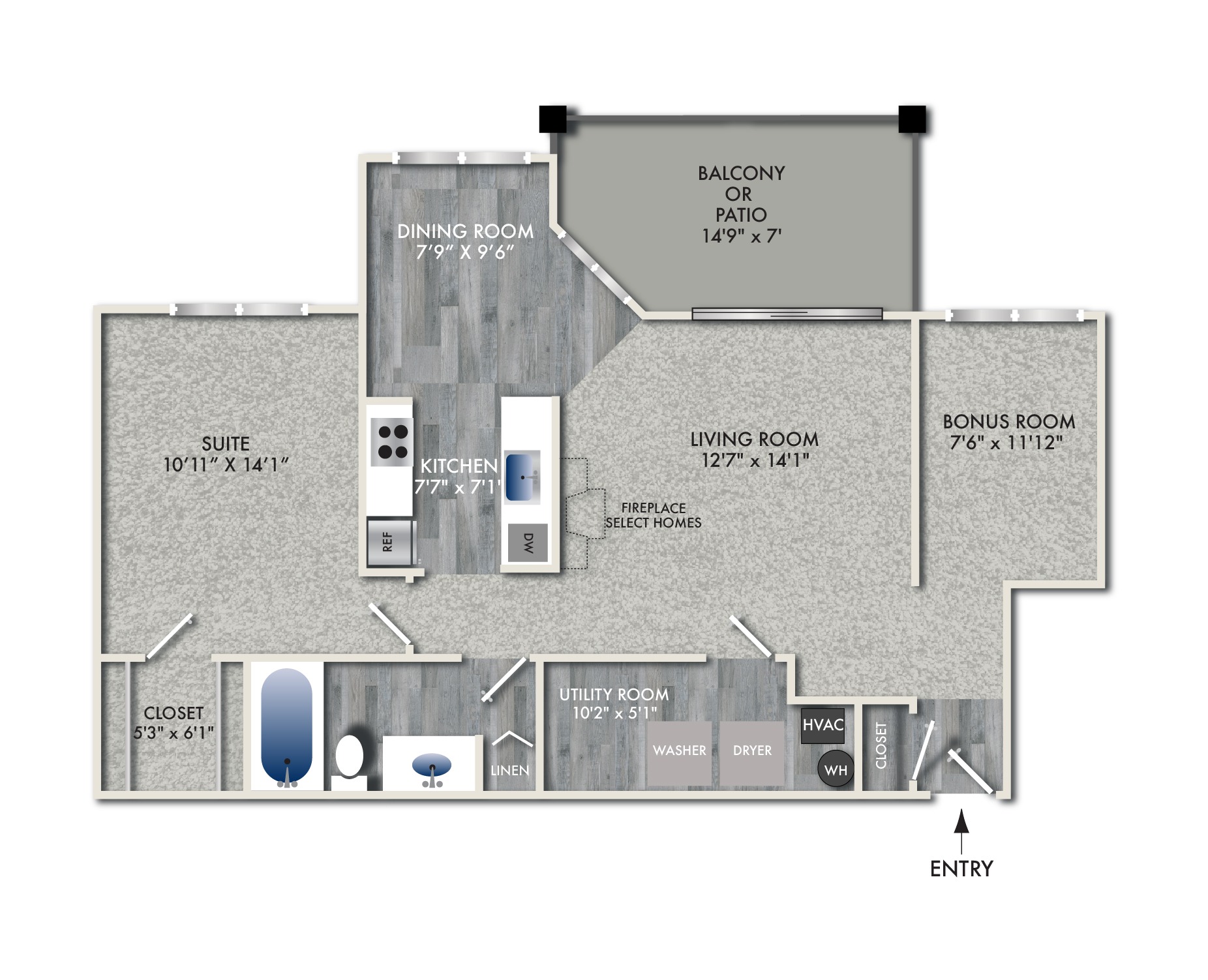 Floor plan for 1 bed, 1 bath, 890 sqft