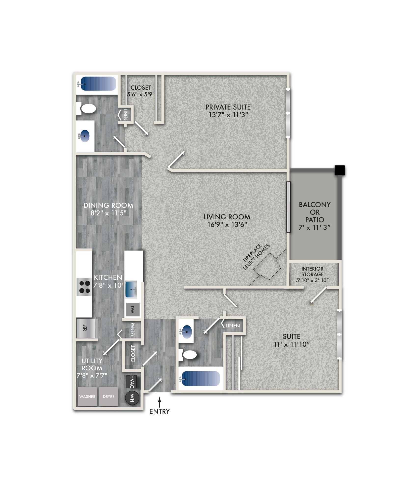 Floor plan for 2 beds, 2 baths, 1092 sqft