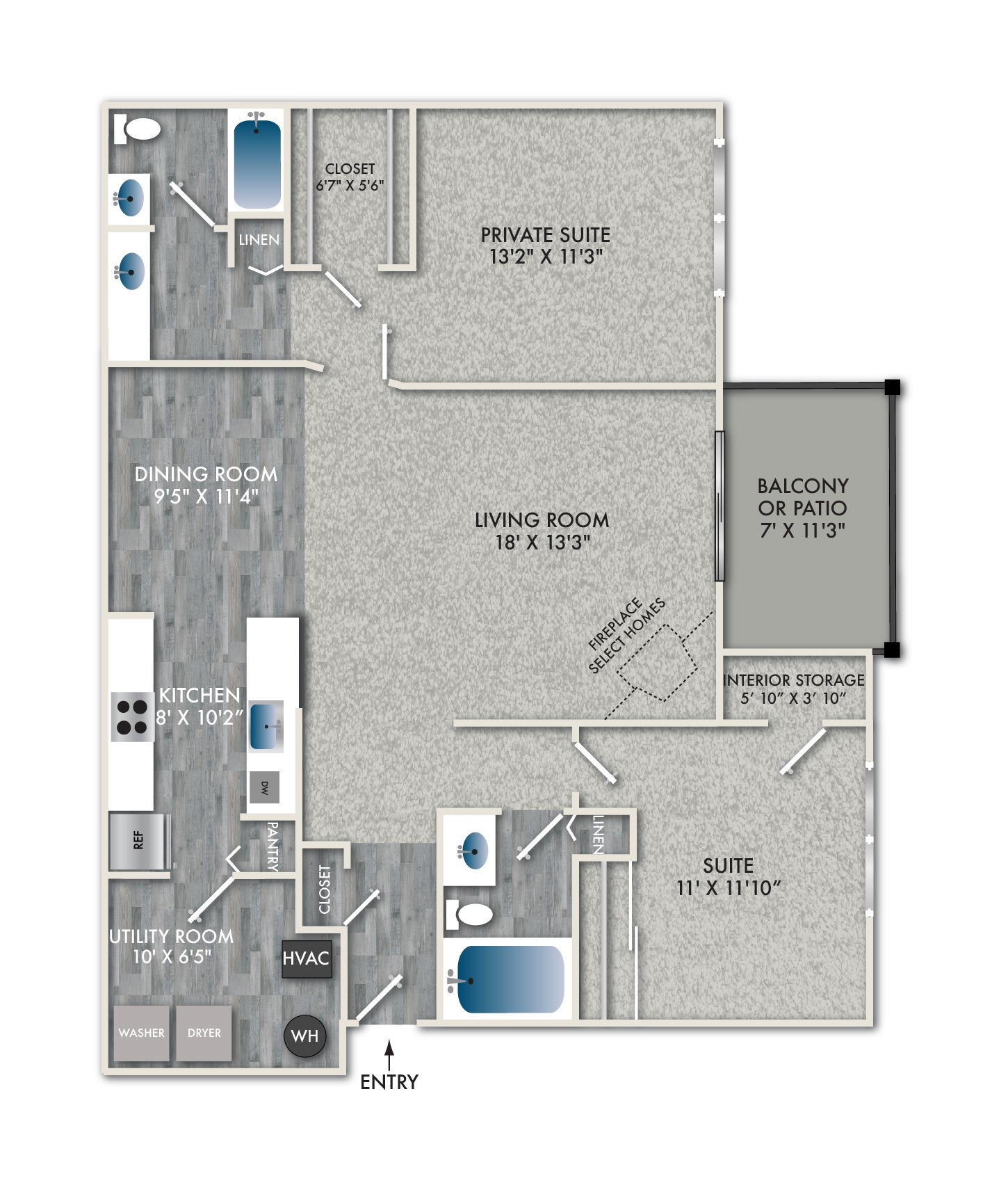 Floor plan for 2 beds, 2 baths, 1187 sqft