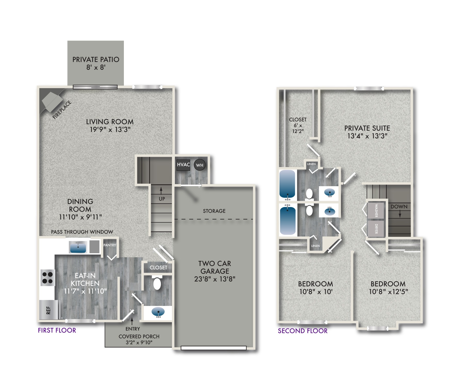 Floor plan for 3 beds, 2.5 baths, 1542 sqft
