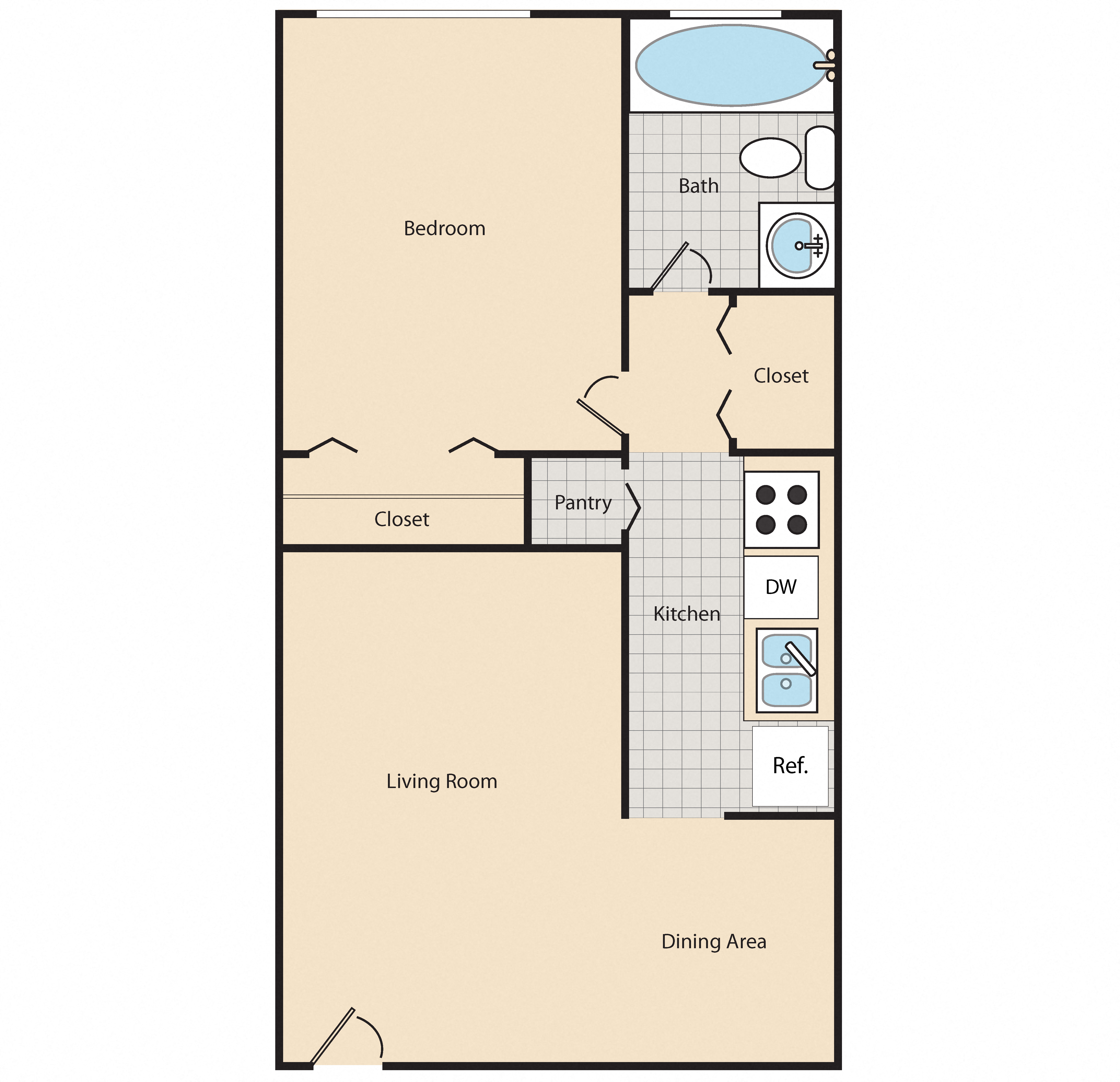 Floor plan for 1 bed, 1 bath, 457 sqft