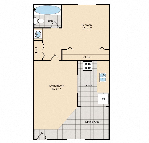 Floor plan for 1 bed, 1 bath, 473 sqft