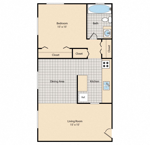 Floor plan for 1 bed, 1 bath, 643 sqft