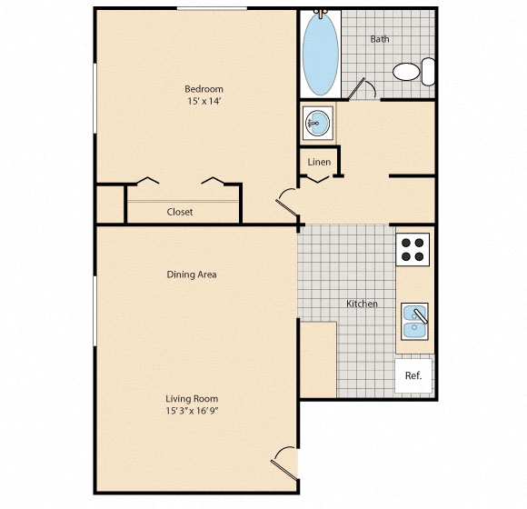 Floor plan for 1 bed, 1 bath, 677 sqft