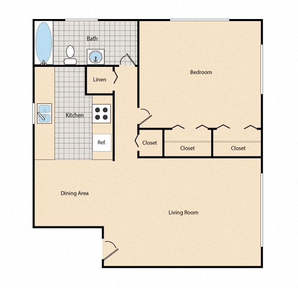 Floor plan for 1 bed, 1 bath, 653 sqft
