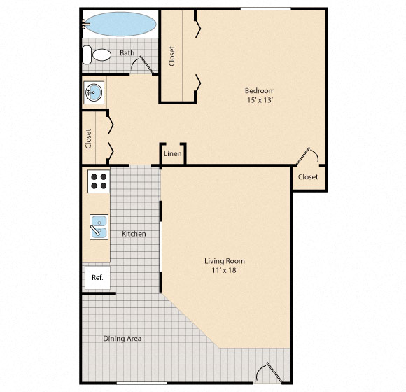 Floor plan for 1 bed, 1 bath, 527 sqft