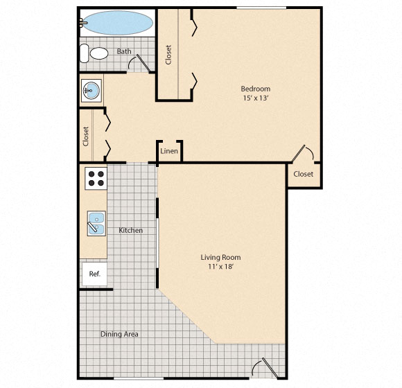 Floor plan for 1 bed, 1 bath, 558 sqft