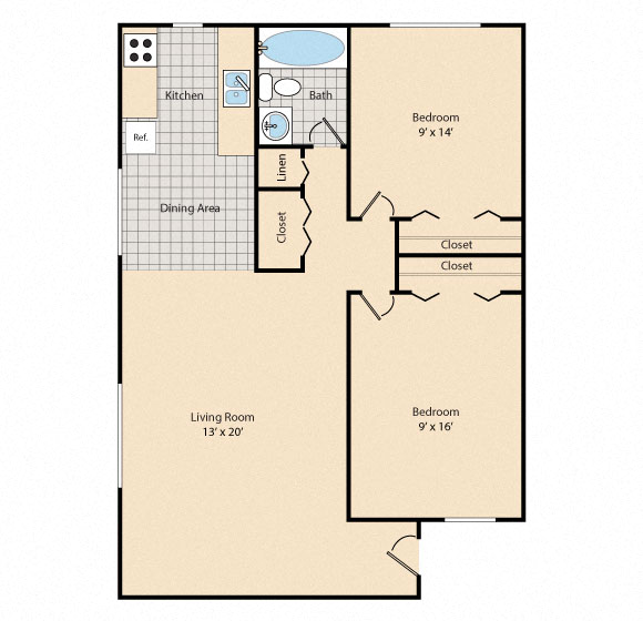 Floor plan for 2 beds, 1 bath, 823 sqft
