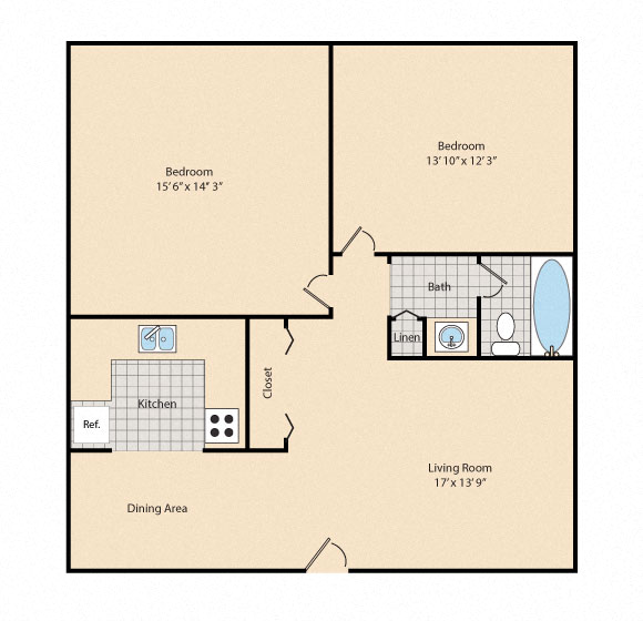 Floor plan for 2 beds, 1 bath, 882 sqft