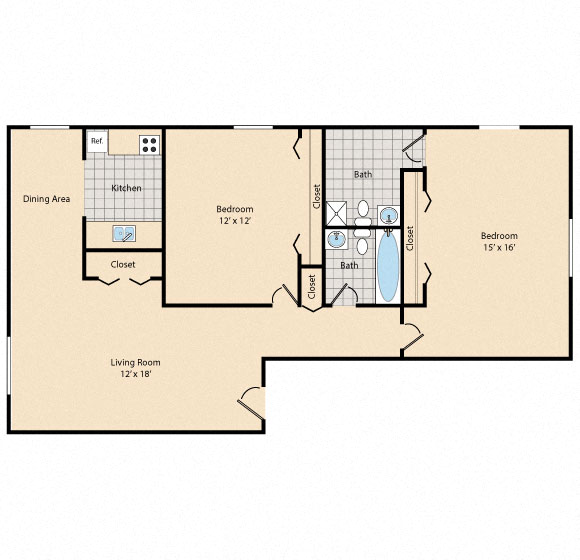 Floor plan for 2 beds, 2 baths, 980 sqft