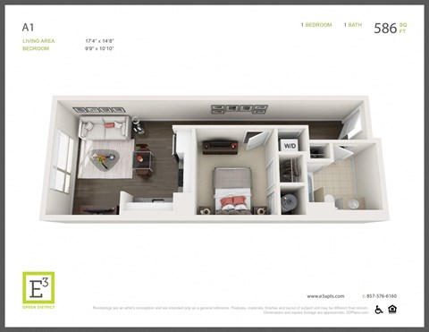 Floor plan for 1 bed, 1 bath, 586 sqft
