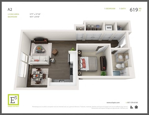 Floor plan for 1 bed, 1 bath, 619 sqft