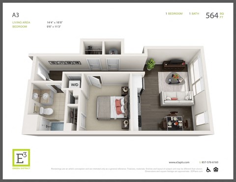 Floor plan for 1 bed, 1 bath, 564 sqft