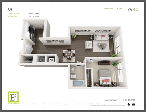 Floor plan for 1 bed, 1 bath, 794 sqft