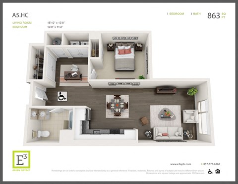 Floor plan for 1 bed, 1 bath, 863 sqft