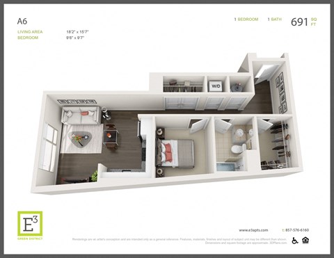 Floor plan for 1 bed, 1 bath, 691 sqft