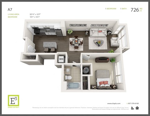 Floor plan for 1 bed, 1 bath, 726 sqft