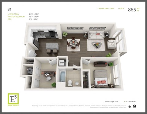 Floor plan for 1 bed, 1 bath, 865 sqft