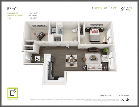 Floor plan for 1 bed, 1 bath, 914 sqft