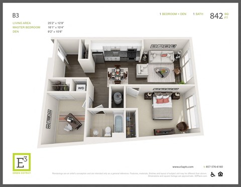 Floor plan for 1 bed, 1 bath, 842 sqft