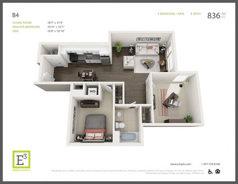 Floor plan for 1 bed, 1 bath, 836 sqft