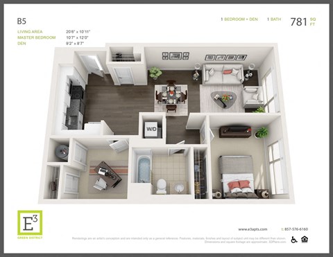 Floor plan for 1 bed, 1 bath, 781 sqft