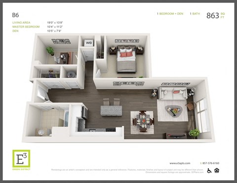 Floor plan for 1 bed, 1 bath, 863 sqft