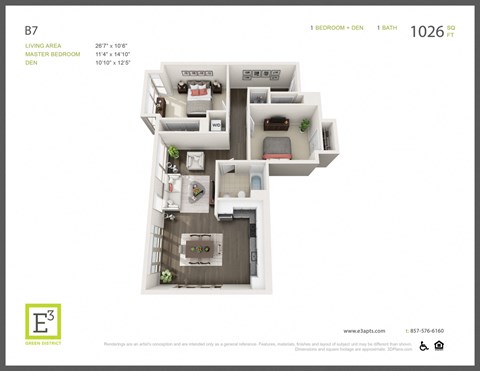 Floor plan for 1 bed, 1 bath, 1026 sqft