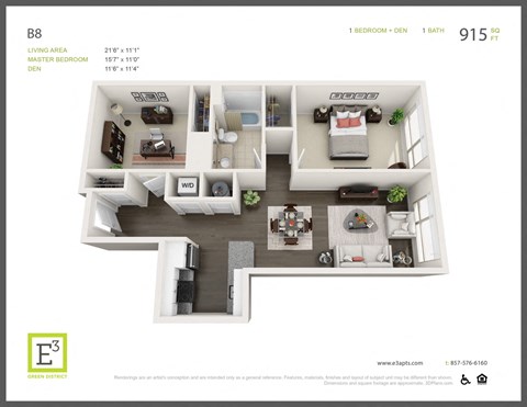 Floor plan for 1 bed, 1 bath, 915 sqft