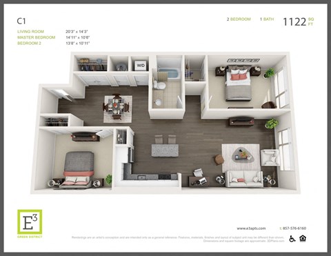 Floor plan for 2 beds, 1 bath, 1122 sqft