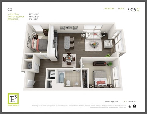 Floor plan for 2 beds, 1 bath, 906 sqft