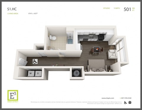 Floor plan for studio, 1 bath, 501 sqft