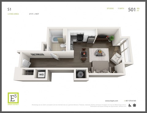 Floor plan for studio, 1 bath, 501 sqft