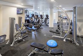 Boston apartment for rent - a gym with cardio equipment and weights on the floor