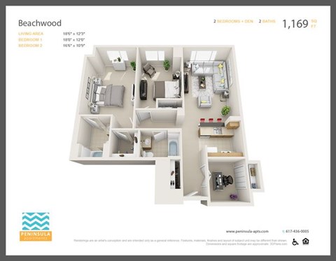 Floor plan for 2 beds, 2 baths, 1169 sqft