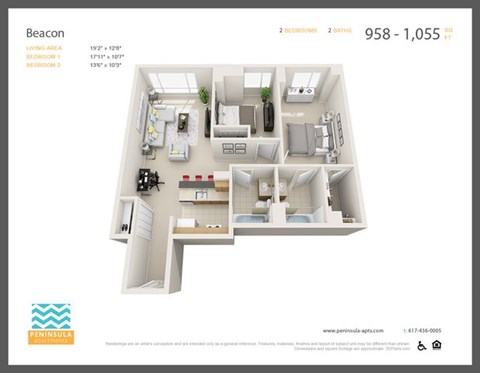 Floor plan for 2 beds, 2 baths, 1032 sqft